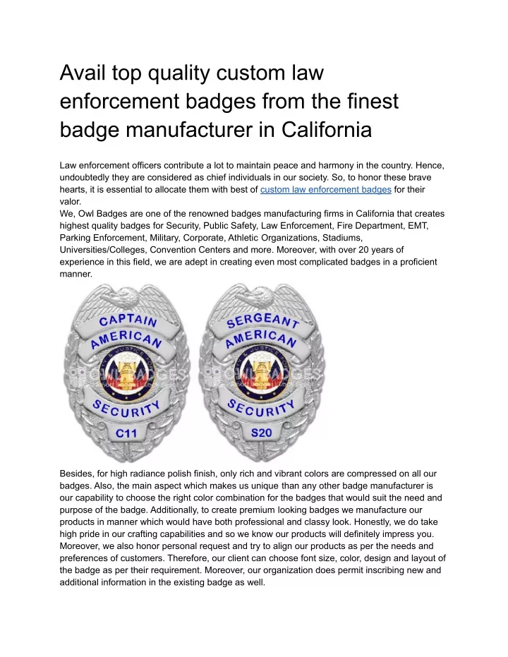 avail top quality custom law enforcement badges