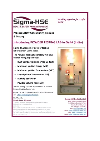 Introducing POWDER TESTING LAB in Delhi (India)