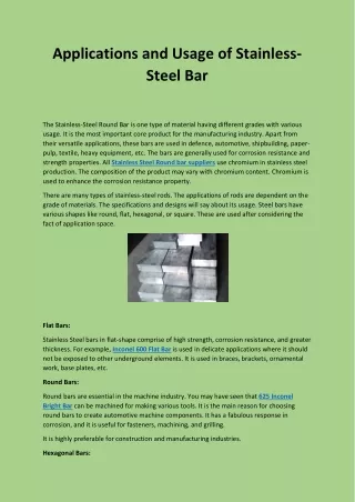 applications and usage of stainless steel bar