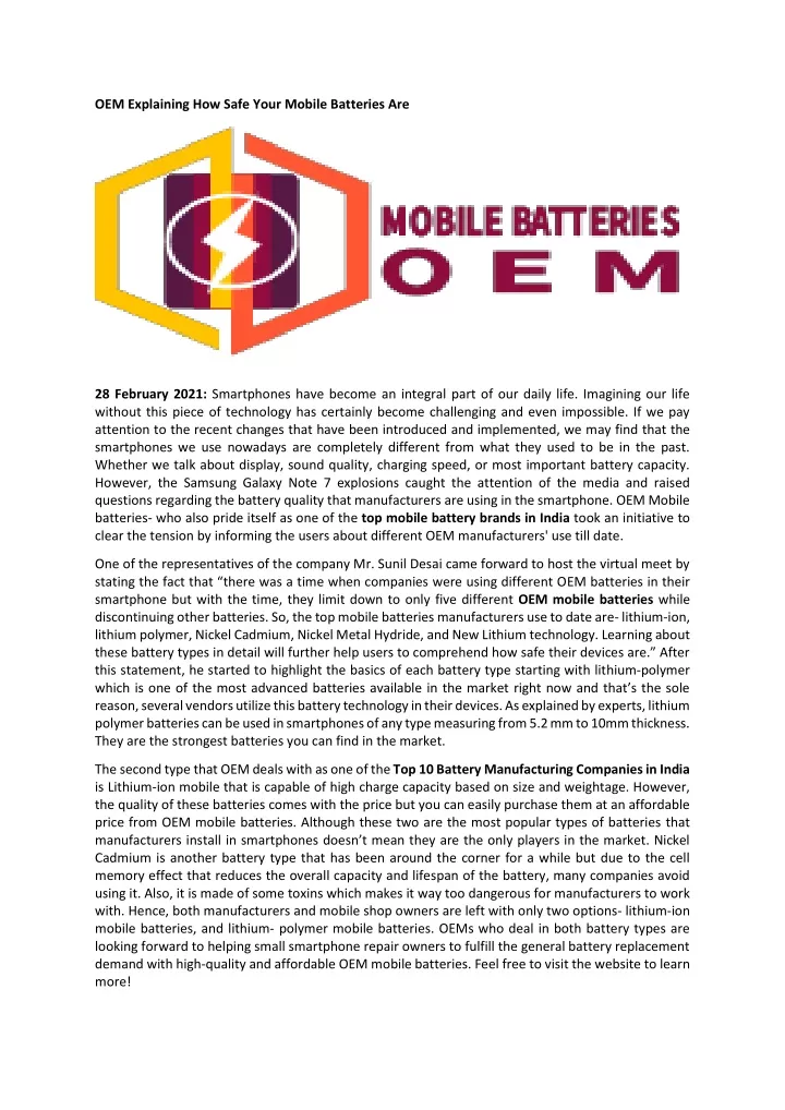 oem explaining how safe your mobile batteries are