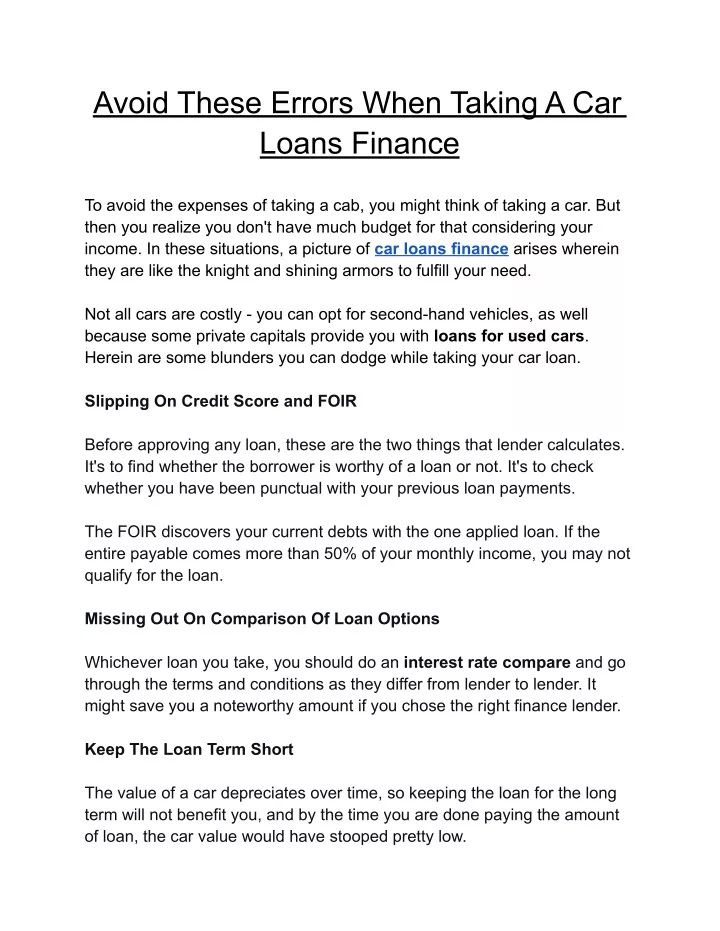avoid these errors when taking a car loans finance