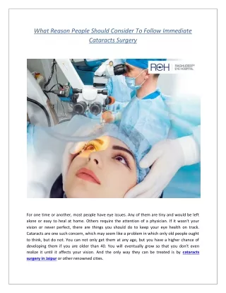 What Reason People Should Consider To Follow Immediate Cataracts Surgery