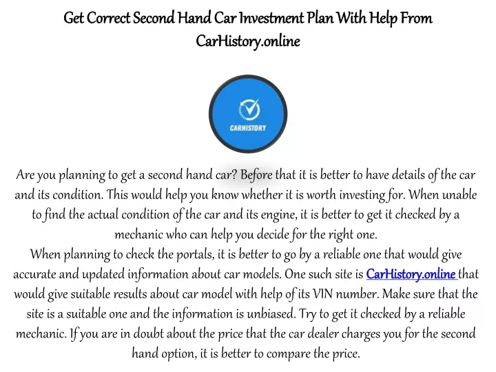 get correct second hand car investment plan with