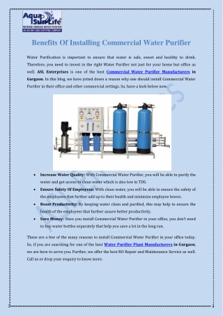 Benefits Of Installing Commercial Water Purifier