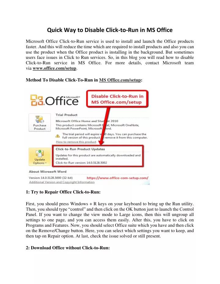 quick way to disable click to run in ms office