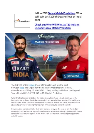Today Match Prediction: Who Will Win 1st T20I of England Tour of India 2021