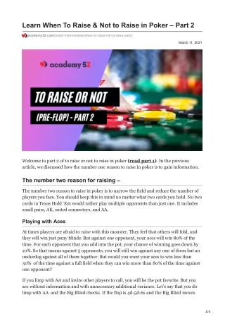 Learn When To Raise & Not to Raise in Poker