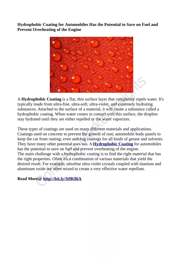 hydrophobic coating for automobiles