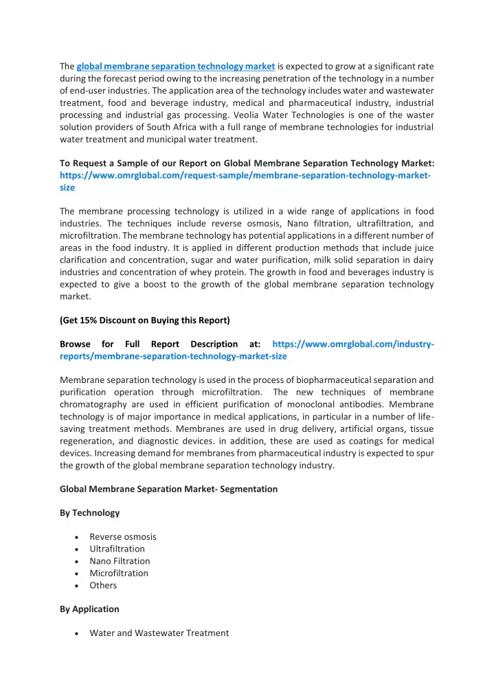 the global membrane separation technology market