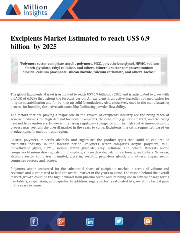 excipients market estimated to reach