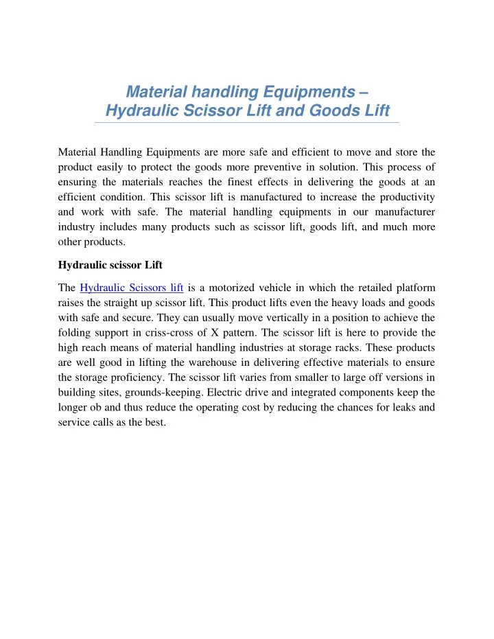material handling equipments hydraulic scissor