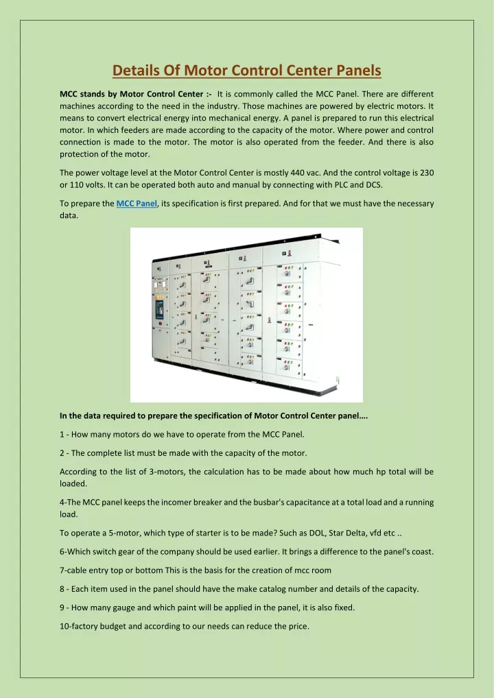 details of motor control center panels