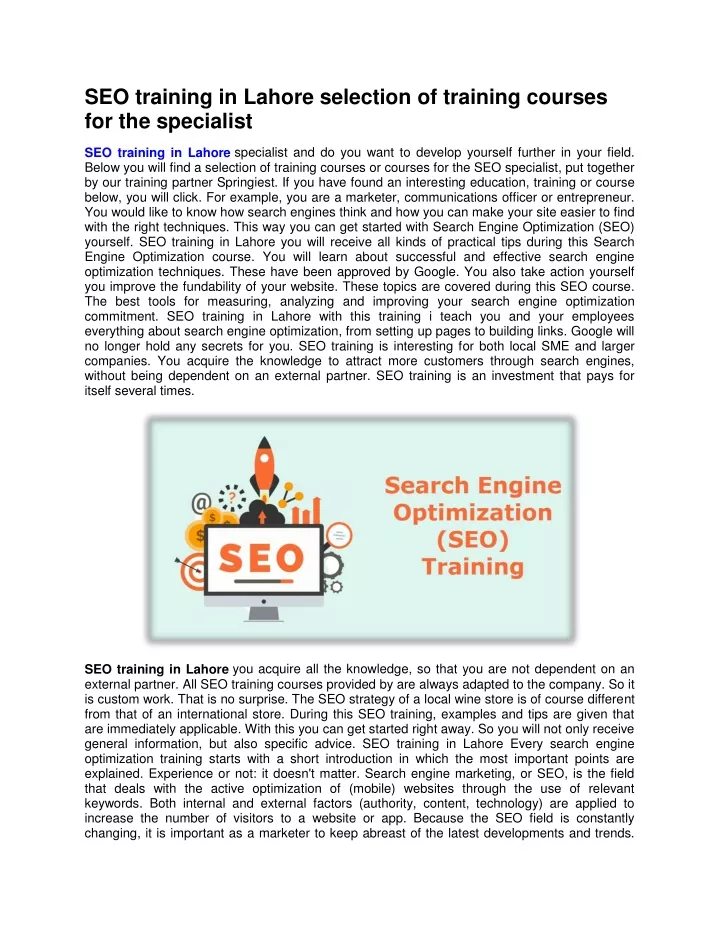 seo training in lahore selection of training