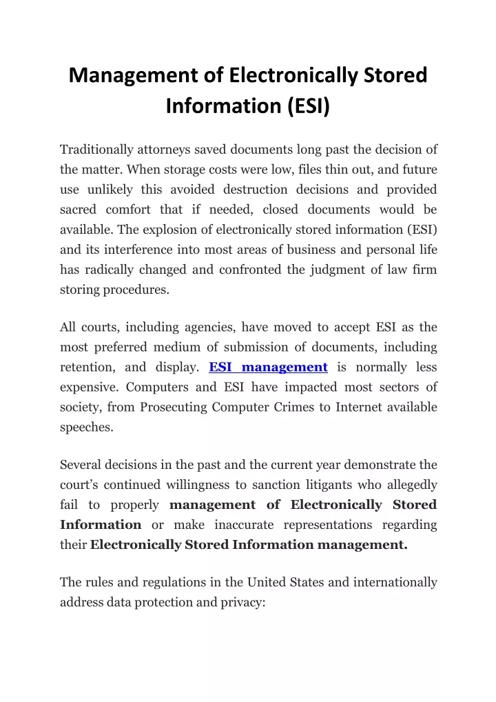 management of electronically stored information