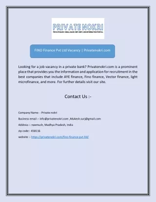 FINO Finance Pvt Ltd Vacancy | Privatenokri.com