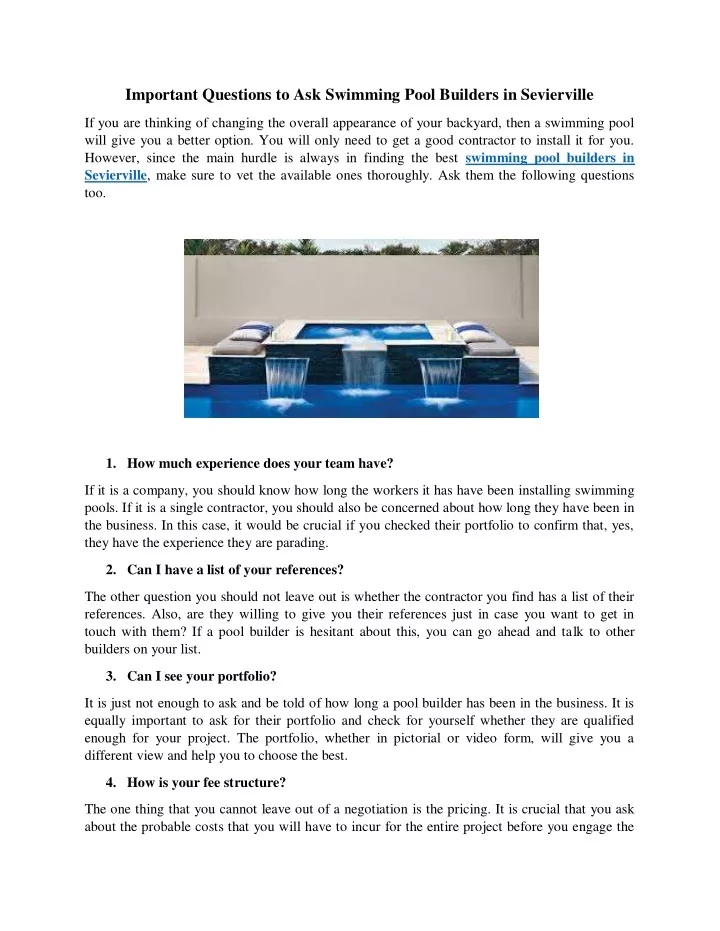 important questions to ask swimming pool builders