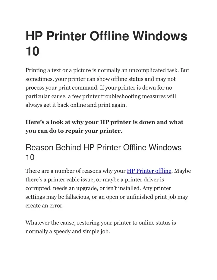 hp printer offline windows 10