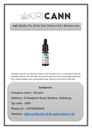 High Quality Thc Oil for Pain Online in SA | Kiricann.com
