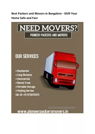 Best Packers and Movers in Bangalore - Shift Your Home Safe and Fast