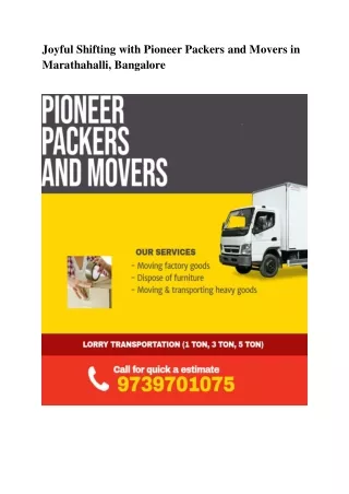 Joyful Shifting with Pioneer Packers and Movers in Marathahalli, Bangalore