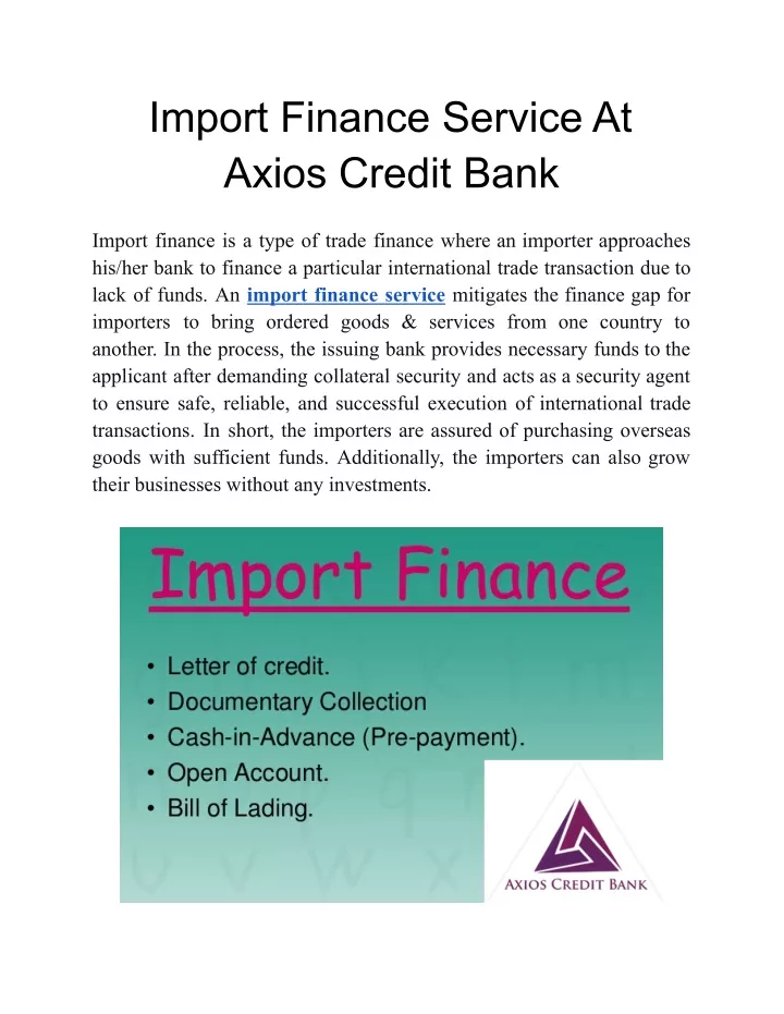import finance service at axios credit bank