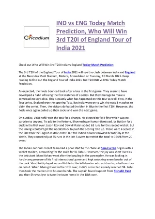 IND vs ENG Today Match Prediction, Who Will Win 3rd T20I of England Tour of India 2021
