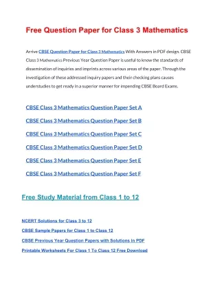 free question paper for class 3 mathematics