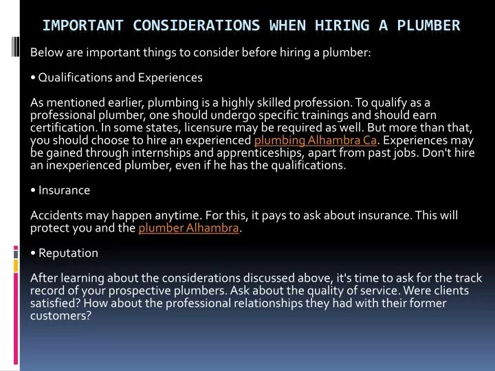 important considerations when hiring a plumber