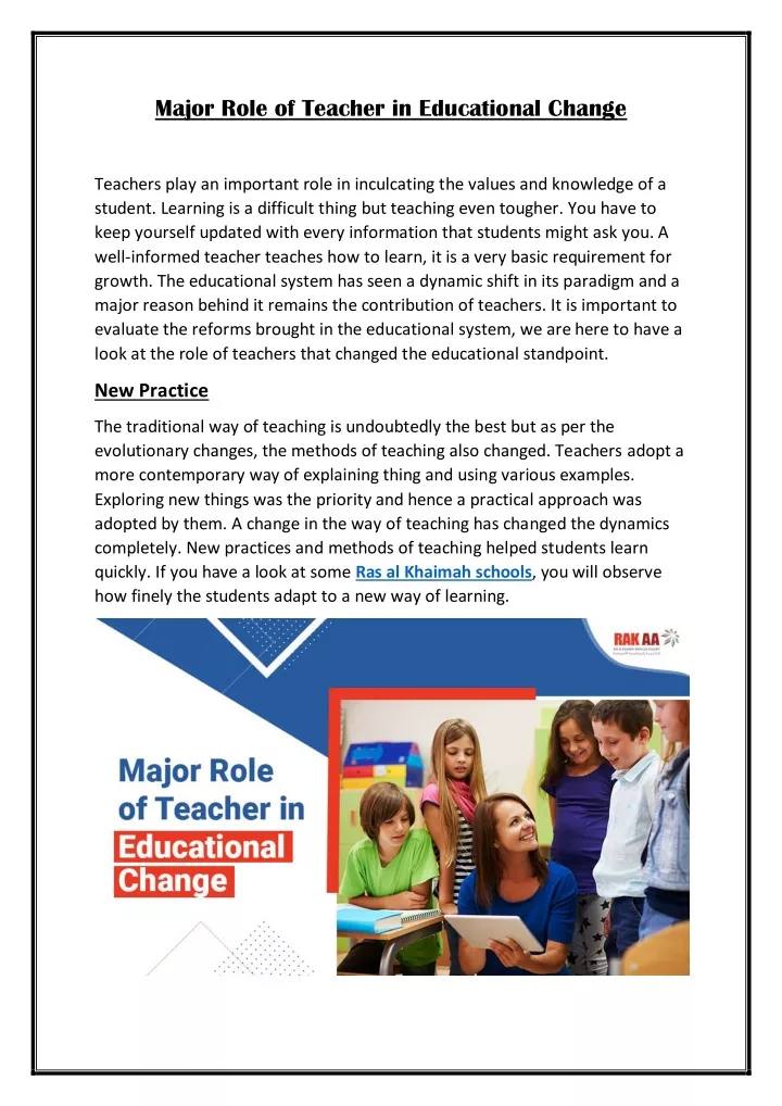 major role of teacher in educational change
