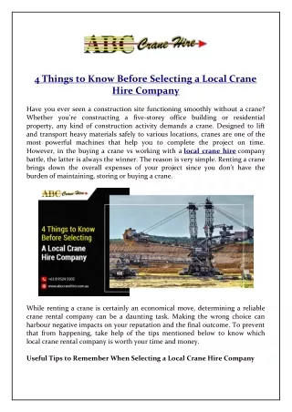 4 Things to Know Before Selecting a Local Crane Hire Company
