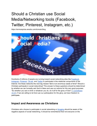Should a Christian use Social Media/Networking tools (Facebook, Twitter, Pinterest, Instagram, etc.)