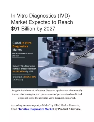 In Vitro Diagnostics (IVD) Market Expected to Reach $91 Billion by 2027