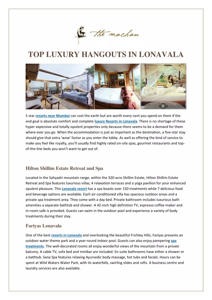top luxury hangouts in lonavala