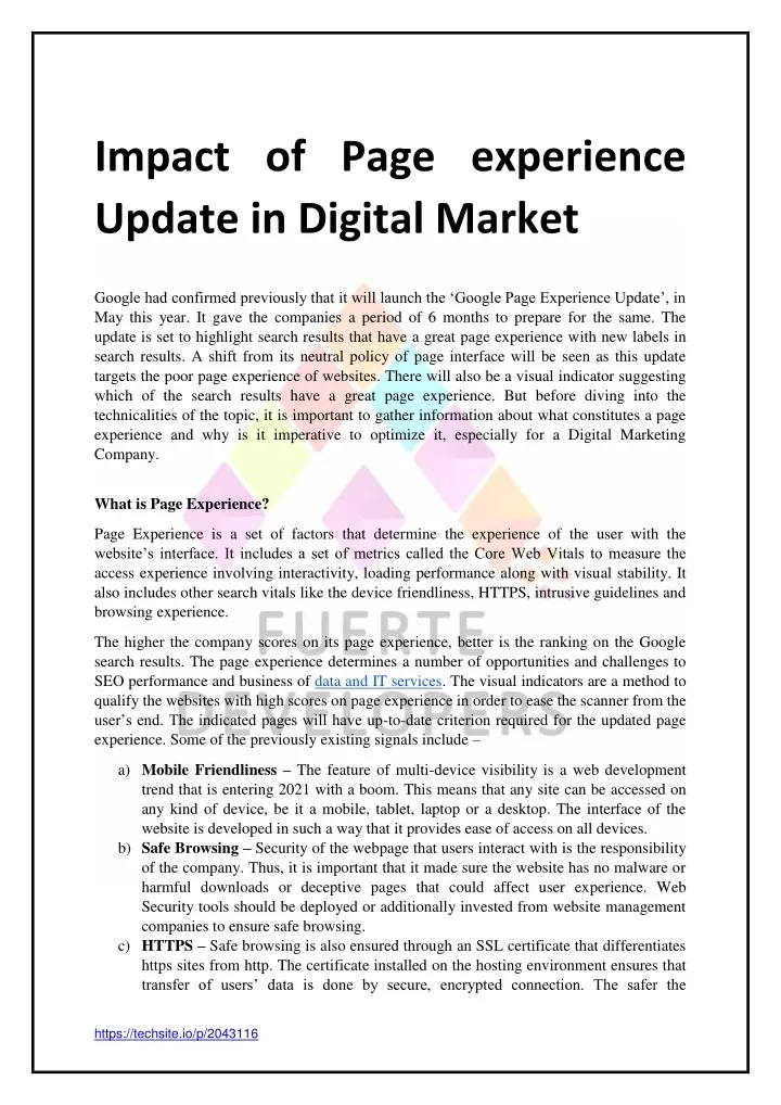 impact of page experience update in digital market