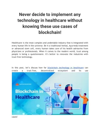 Uses Cases of Blockchain Technology in Healthcare