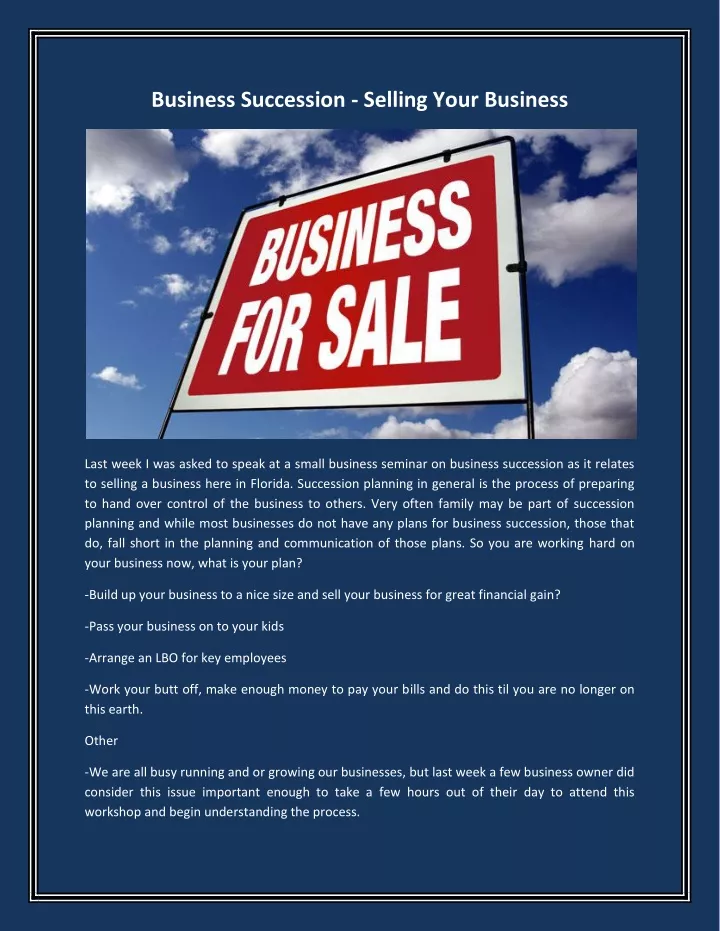 business succession selling your business