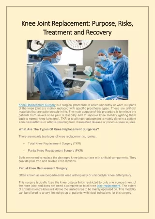 Knee Joint Replacement - Purpose, Risks, Treatment and Recovery