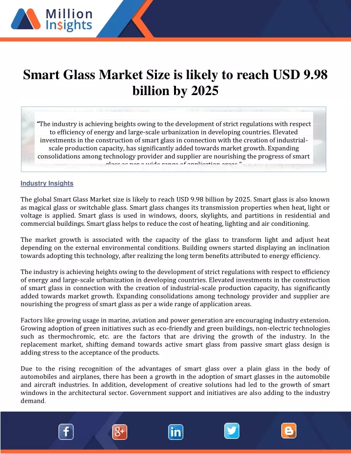 smart glass market size is likely to reach