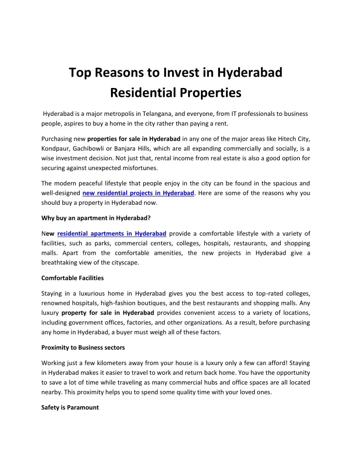 top reasons to invest in hyderabad residential