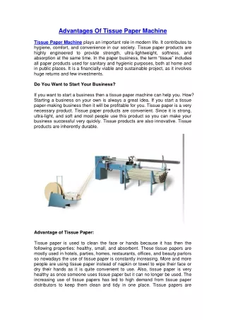 Advantages Of Tissue Paper Machine