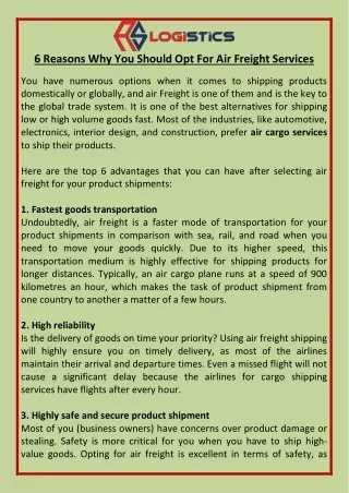 6 Reasons Why You Should Opt For Air Freight Services