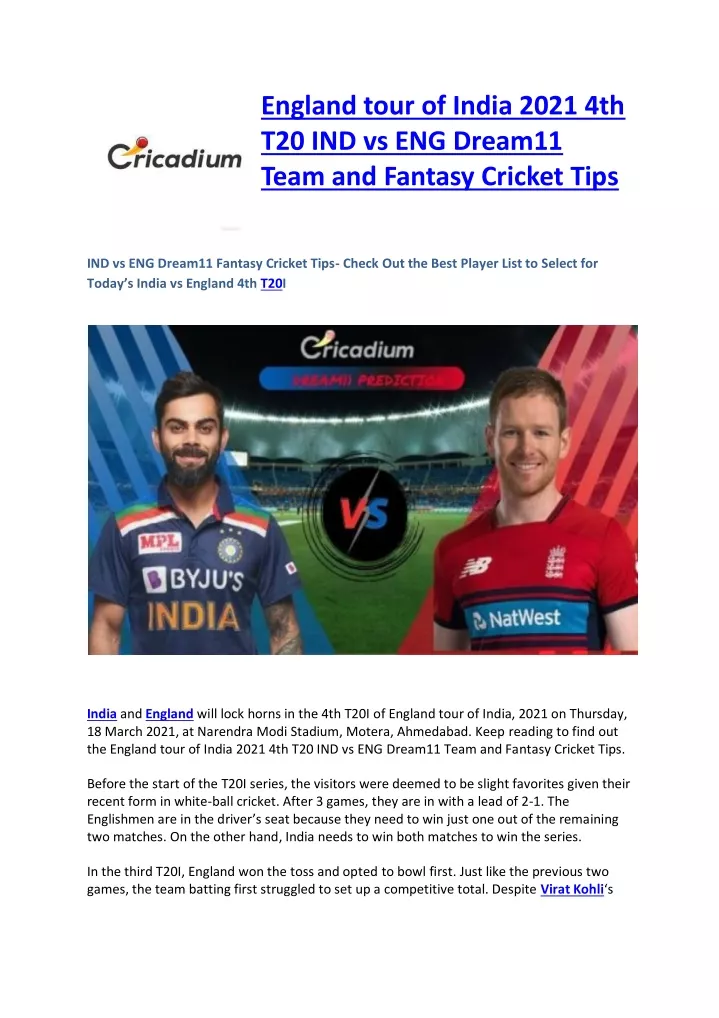 PPT England tour of India 2021 4th T20 IND vs ENG Dream11 Team and