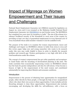 Impact of Mgnrega on Women Empowerment and Their Issues and Challenges