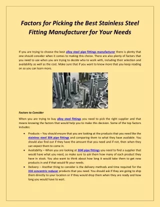 Factors for Picking the Best Stainless Steel Fitting Manufacturer for Your Needs