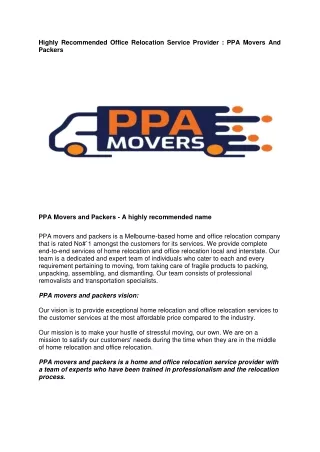 Highly Recommended Office Relocation Service Provider : PPA Movers And Packers
