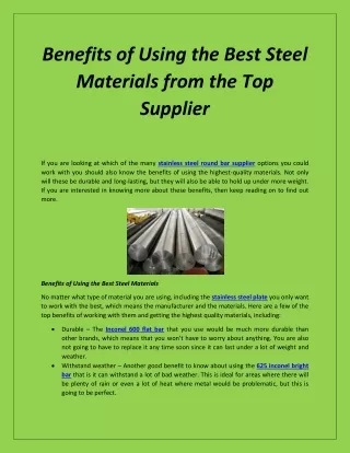 Benefits of Using the Best Steel Materials from the Top Supplier