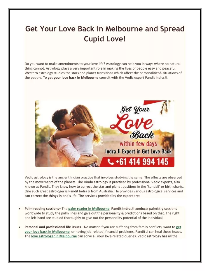 get your love back in melbourne and spread cupid
