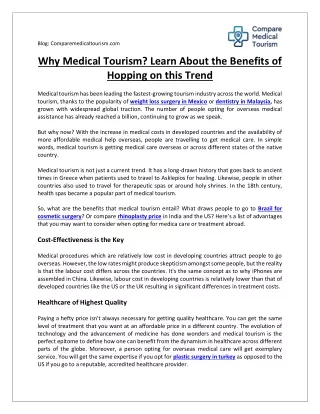 Why Medical Tourism? Learn About the Benefits of Hopping on this Trend