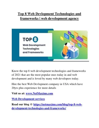 Top 8 Web Devlopment Technologies and frameworks | web development agency