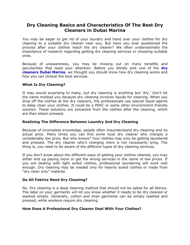 dry cleaning basics and characteristics